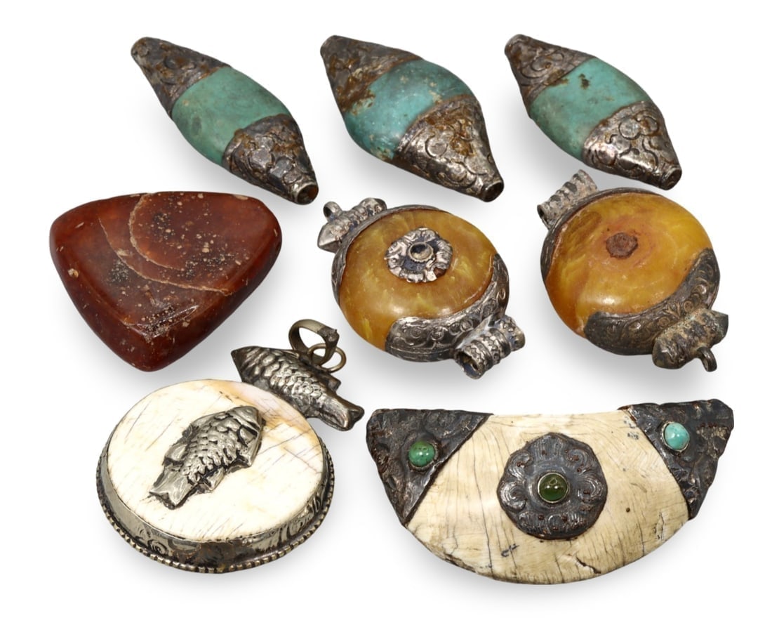 Antique Himalayan Tribal Amulets and Beads with Silver and Turquoise Inlay: **Dimension information at the bottom section after Condition** Welcome to the No Reserve Antique Treasures Auction, where history comes alive through an extraordinary collection of treasures spanning