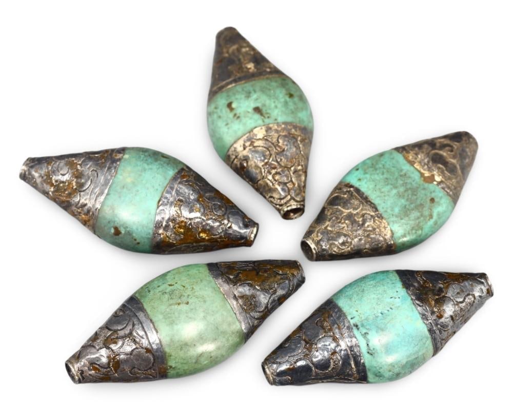 Antique Sino-Tibetan Silver and Turquoise Barrel Beads Himilayan Tribal Jewelry: **Dimension information at the bottom section after Condition** Welcome to the No Reserve Antique Treasures Auction, where history comes alive through an extraordinary collection of treasures spanning