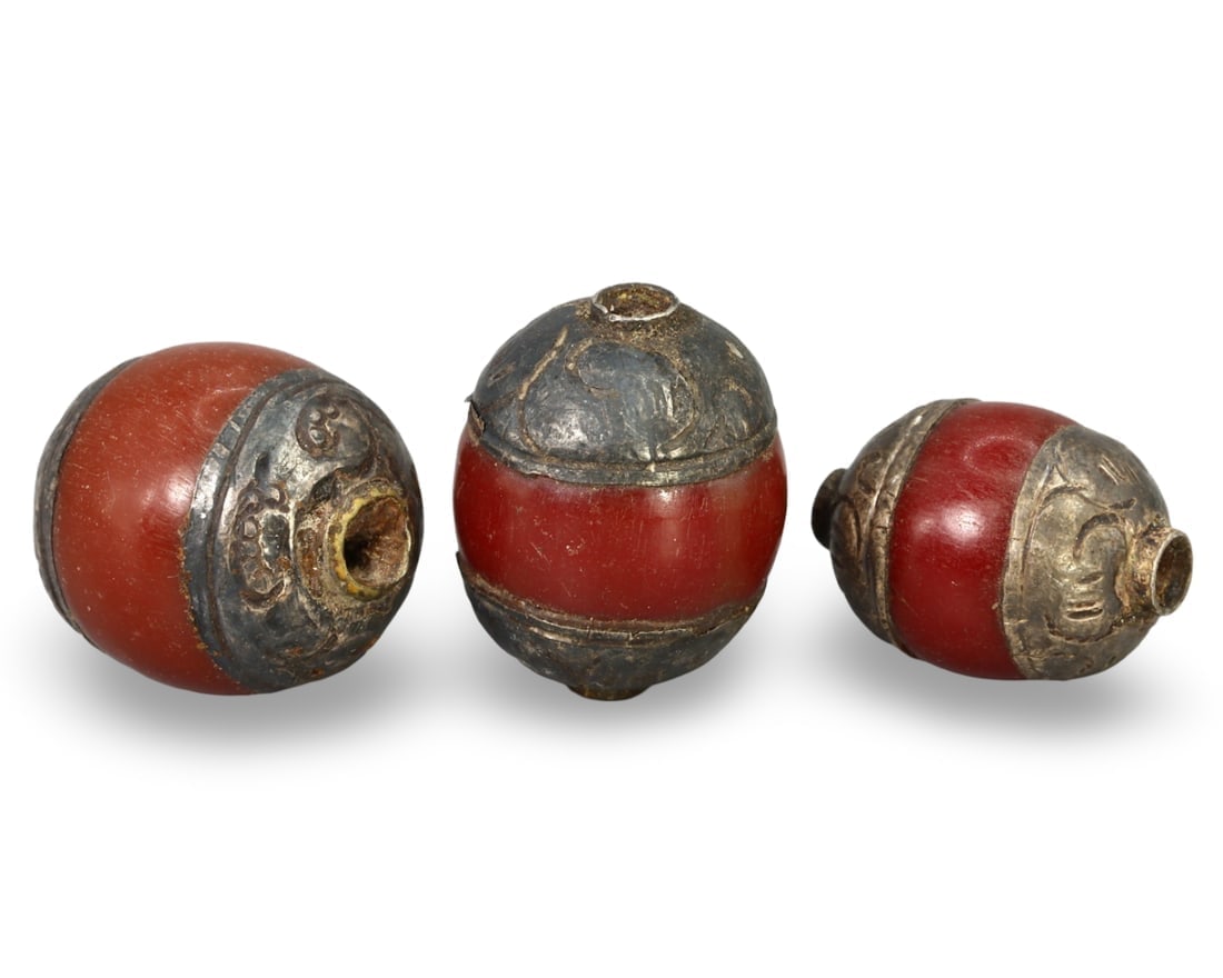 Vintage Sino-Tibetan Silvered Capped Red Tribal Beads: **Dimension information at the bottom section after Condition** Welcome to the No Reserve Antique Treasures Auction, where history comes alive through an extraordinary collection of treasures spanning
