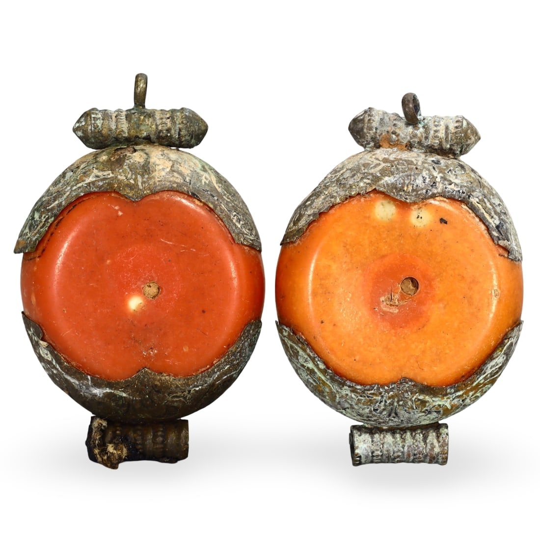 Antique Tibetan Pressed Copal Amber Locket Beads with Ornate Silver Caps (1 of 1)