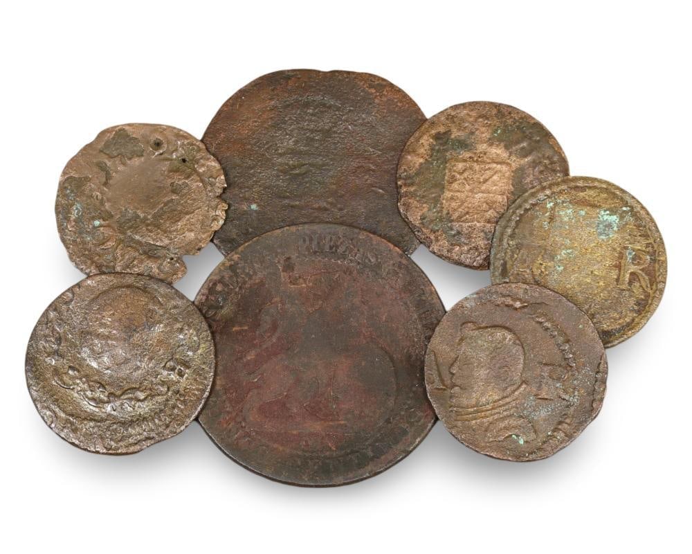 Antique Spanish Bronze Pirate Coins Medieval Currency Pirate Era Artifacts Lot: **Dimension information at the bottom section after Condition** Welcome to the No Reserve Antique Treasures Auction, where history comes alive through an extraordinary collection of treasures spanning