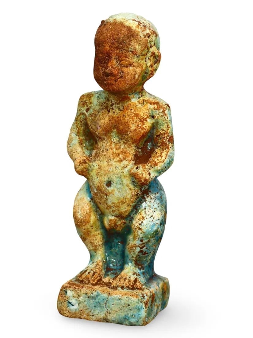 5" Post Medieval Egyptian Grand Tour Faience Pataikos Figurine, 17th-20th Century: **Dimension information at the bottom section after Condition** Welcome to the No Reserve Antique Treasures Auction, where history comes alive through an extraordinary collection of treasures spanning