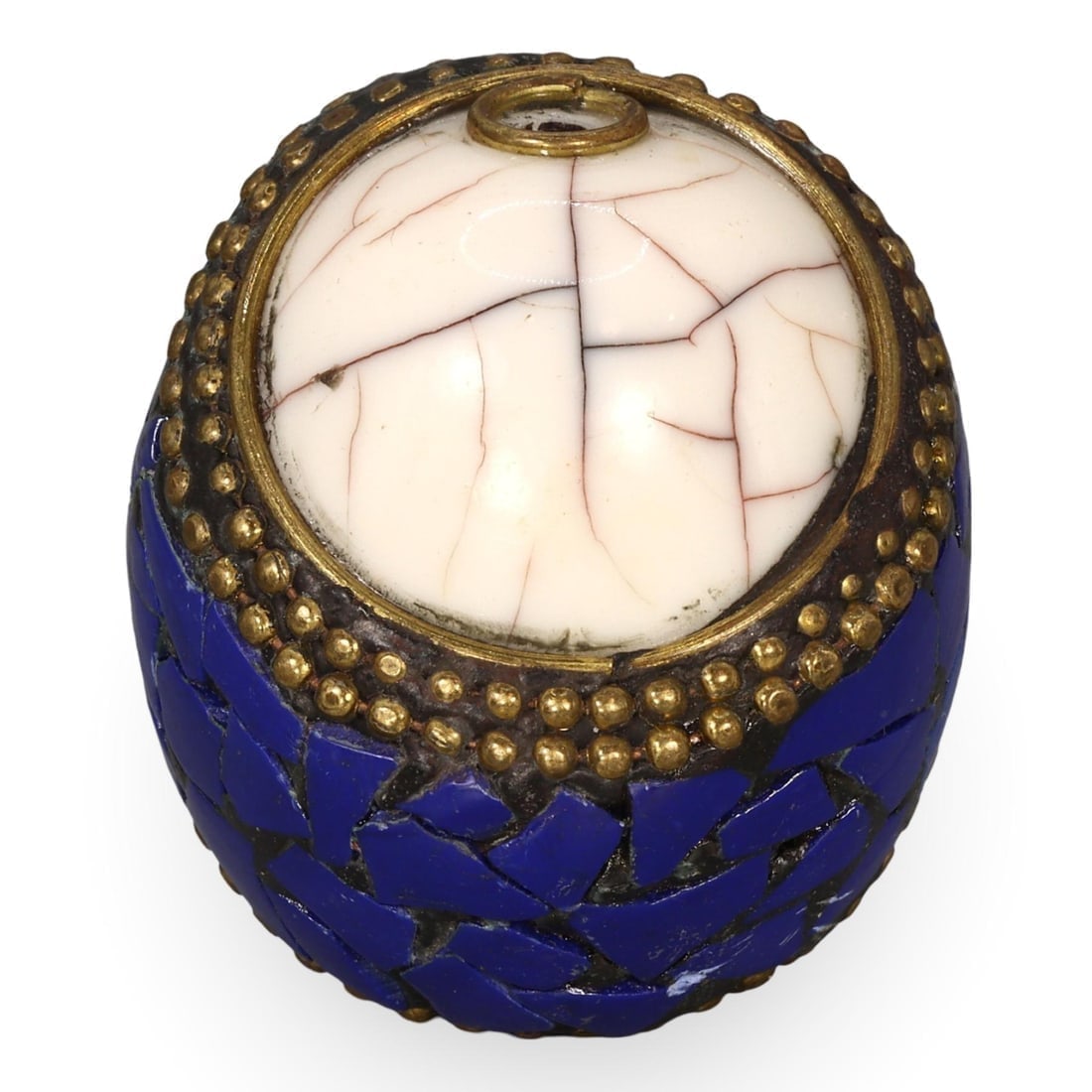 Antique Tibetan Mosaic Gems and Brass Inlaid Bead with Shell Center (1 of 2)