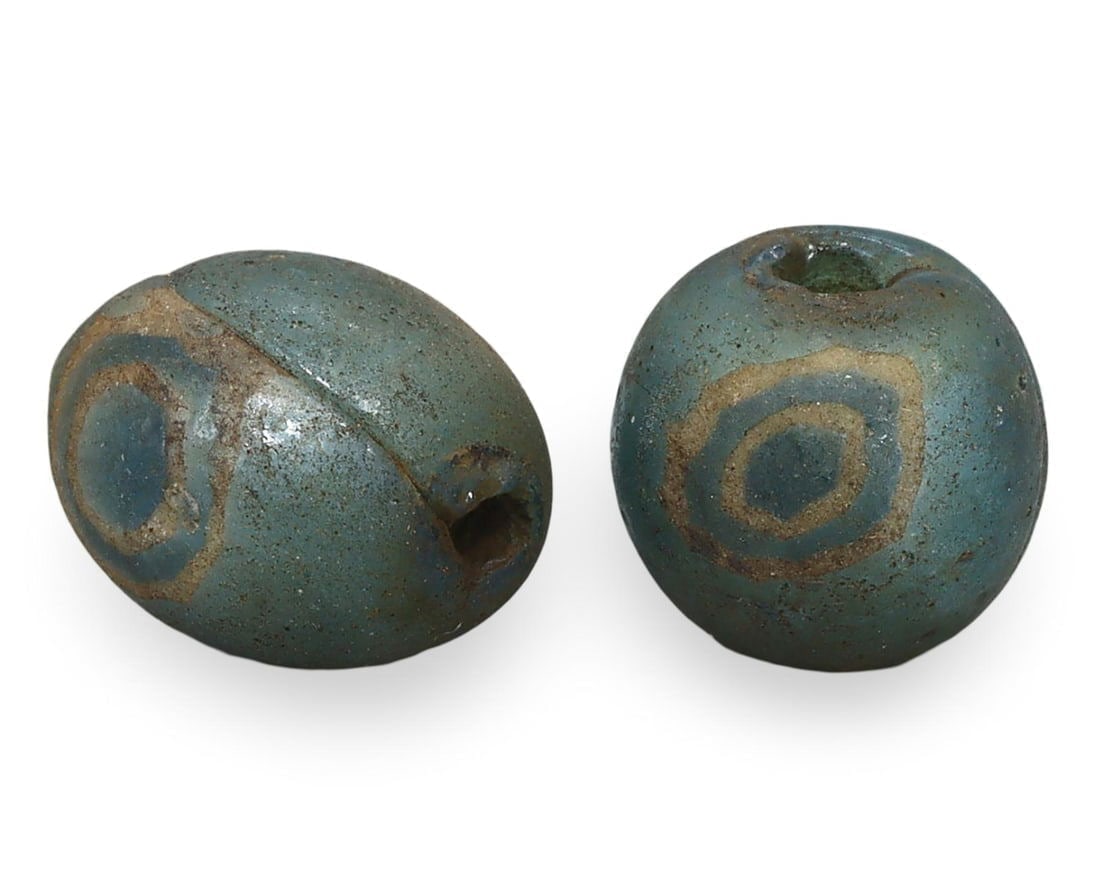 Ancient Medieval Anglo-Saxon Glass Beads with Eye, 7th-11th Century: **Dimension information at the bottom section after Condition** Our highly anticipated Antique Auction, "Treasures of the Ancient and Medieval World," offering an unparalleled opportunity for collecto