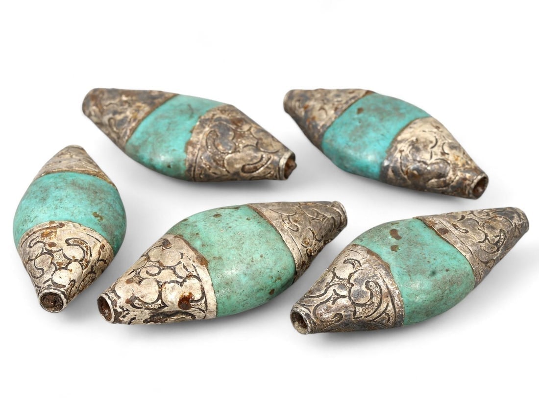 Tibetan Silver and Turquoise Beads, Antique with Ornate Filigree Detailing: **Dimension information at the bottom section after Condition** Our highly anticipated Antique Auction, "Treasures of the Ancient and Medieval World," offering an unparalleled opportunity for collecto