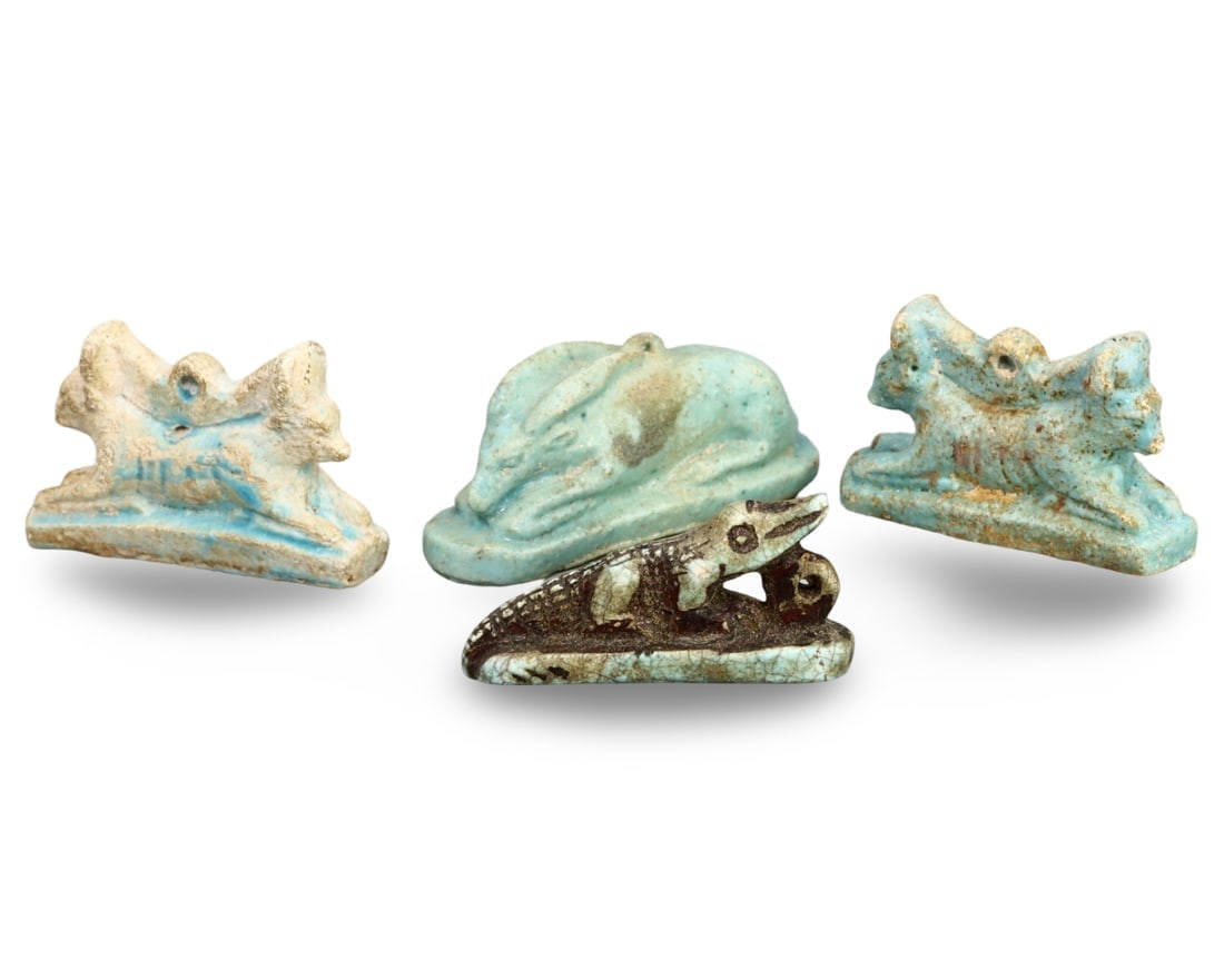 Set of Four Egyptian Faience Amulets, Post-Medieval Grand Tour Era Collectibles: **Dimension information at the bottom section after Condition** Our highly anticipated Antique Auction, "Treasures of the Ancient and Medieval World," offering an unparalleled opportunity for collecto