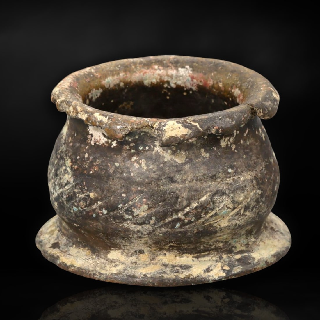 Ancient Indus Valley Bronze Vessel, Circa 2000-1800 BCE: This rare bronze vessel hails from the Indus Valley Civilization, one of the earliest cradles of human society, flourishing around 2000-1800 BCE in what is now modern-day Pakistan and northwest India.