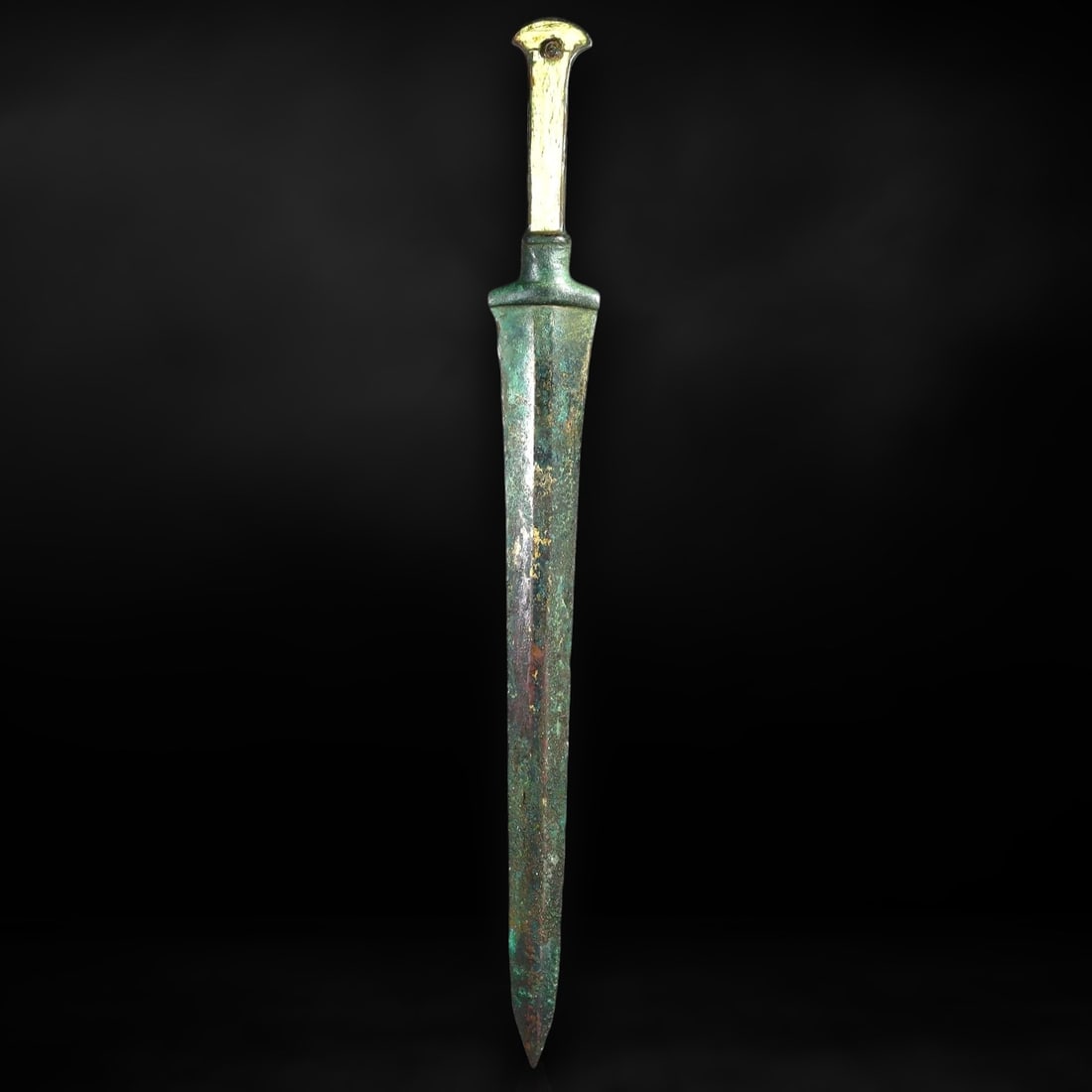 Rare Ancient Mycenaean Bronze Sword with Bone Grip, Circa 1400-1200 BCE: This remarkable bronze sword originates from the Mycenaean civilization of ancient Greece, dating back to the Late Bronze Age, around 1400-1200 BCE. The Mycenaeans, known as the legendary precursors t