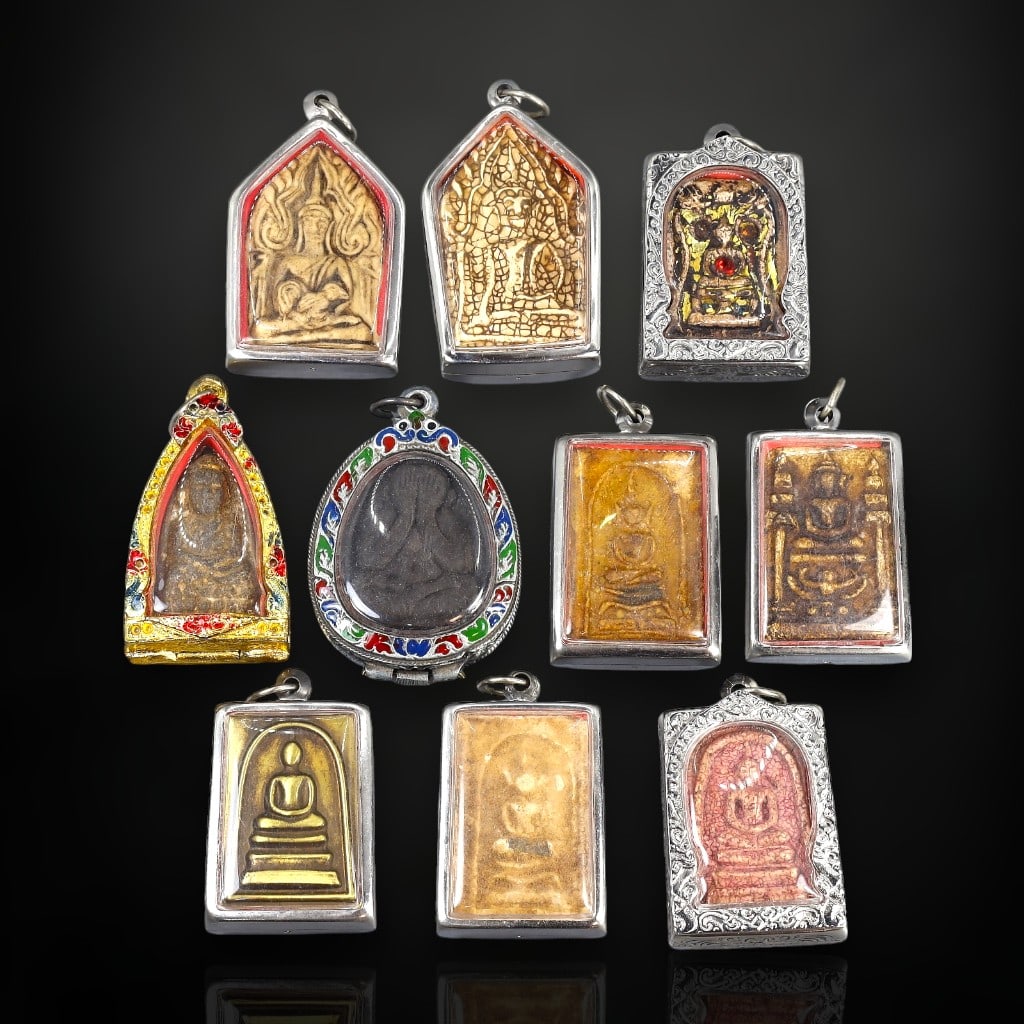 Set of 10 Ornately Framed Thai Buddhist Amulets with Intricate Filigree and Enamel Details (c. (1 of 2)