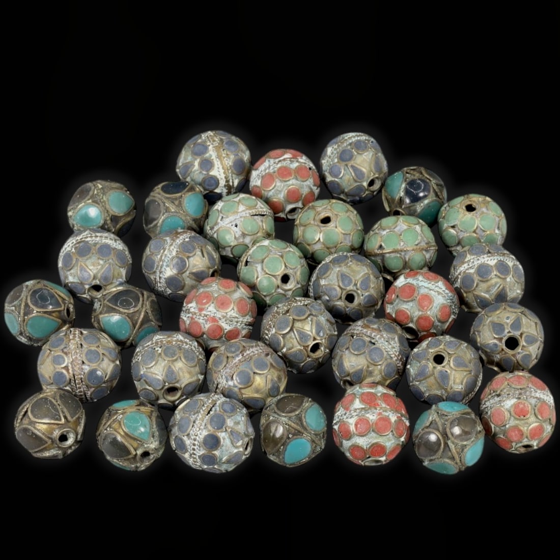 Antique Tibetan Spiritual and Harmony Symbolic Mosaic Inlay Silver Alloy Beads, c. 17th-19th Century (1 of 1)