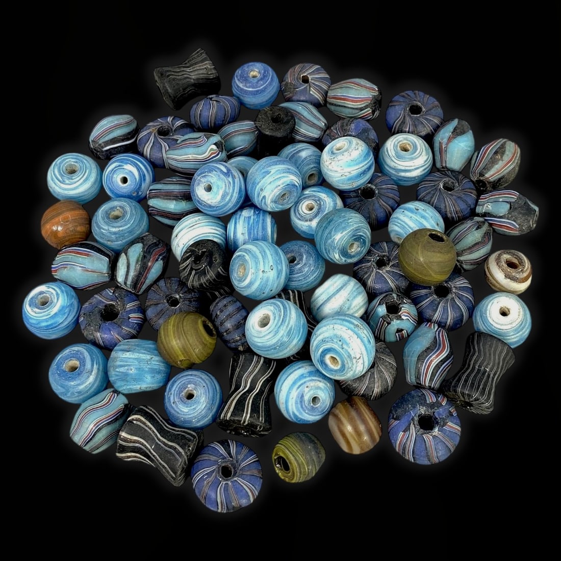 Vintage Venetian Chevron and Eye Beads Collection, Blue and Earth Tones, Set of 69, Mid-20th Century (1 of 1)