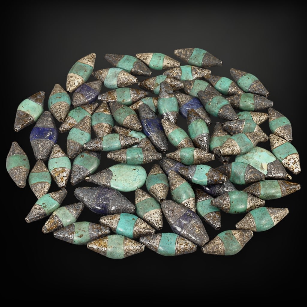 Collection of Antique Tibetan Inlaid Beads with Silver Caps, 63 Pieces (1 of 1)