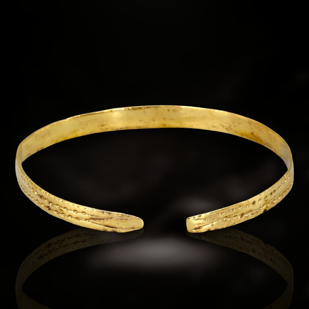 Ancient Byzantine Snake-Head Symbolic Bronze Bangle with 24k Gold Restoration, c. 6th-8th Century CE (1 of 2)