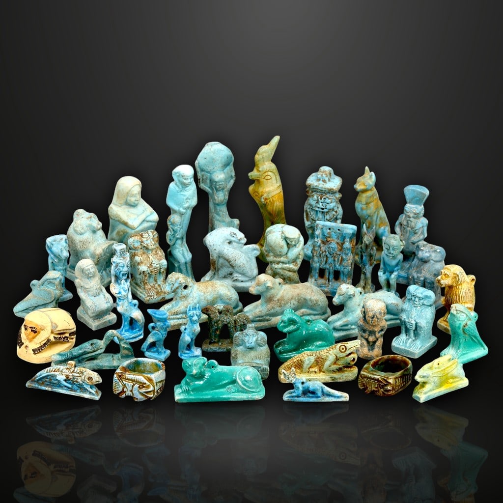 Ancient Egyptian Revival Cultural Symbolism Faience Figurine Collection, c. 19th-20th Century (1 of 3)
