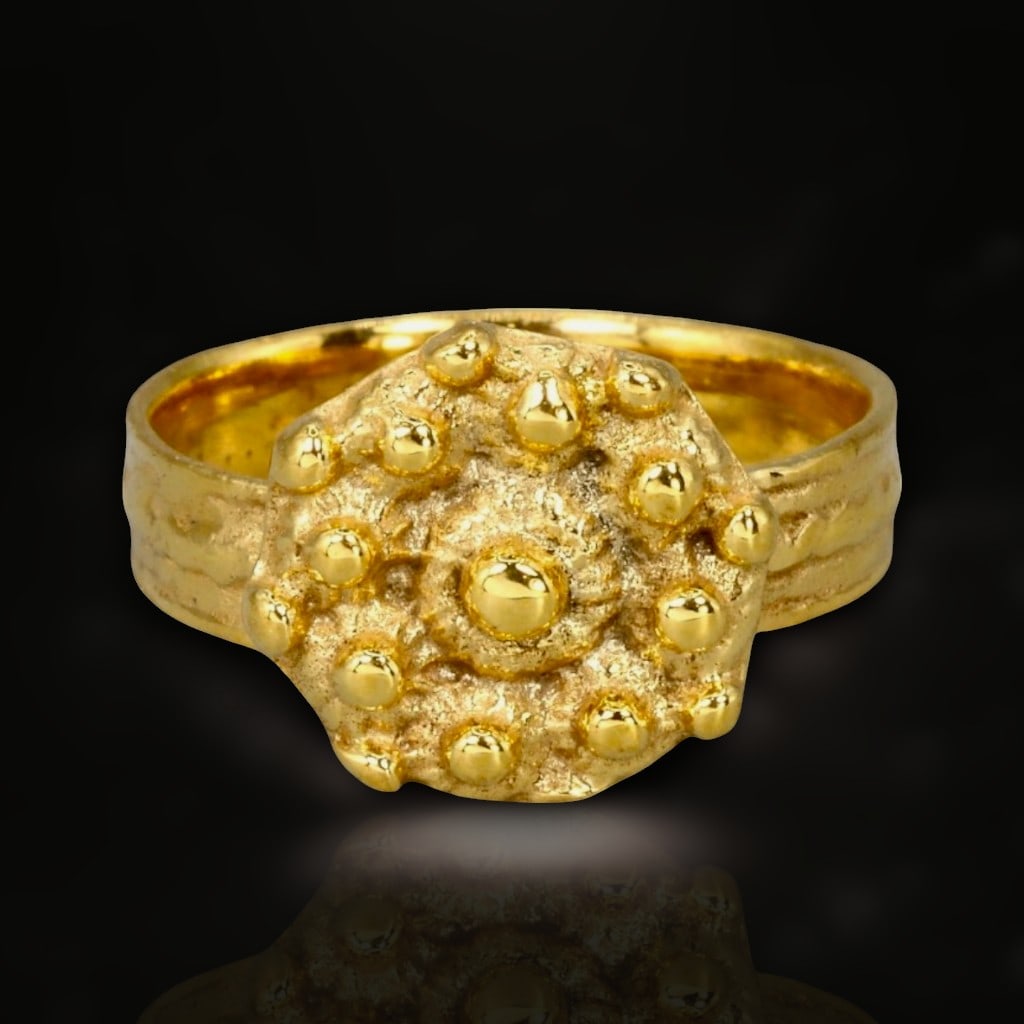 Ancient Byzantine Sunburst Symbolic Bronze Ring with 24K Gold Gilding, c. 6th-7th Century CE (1 of 3)