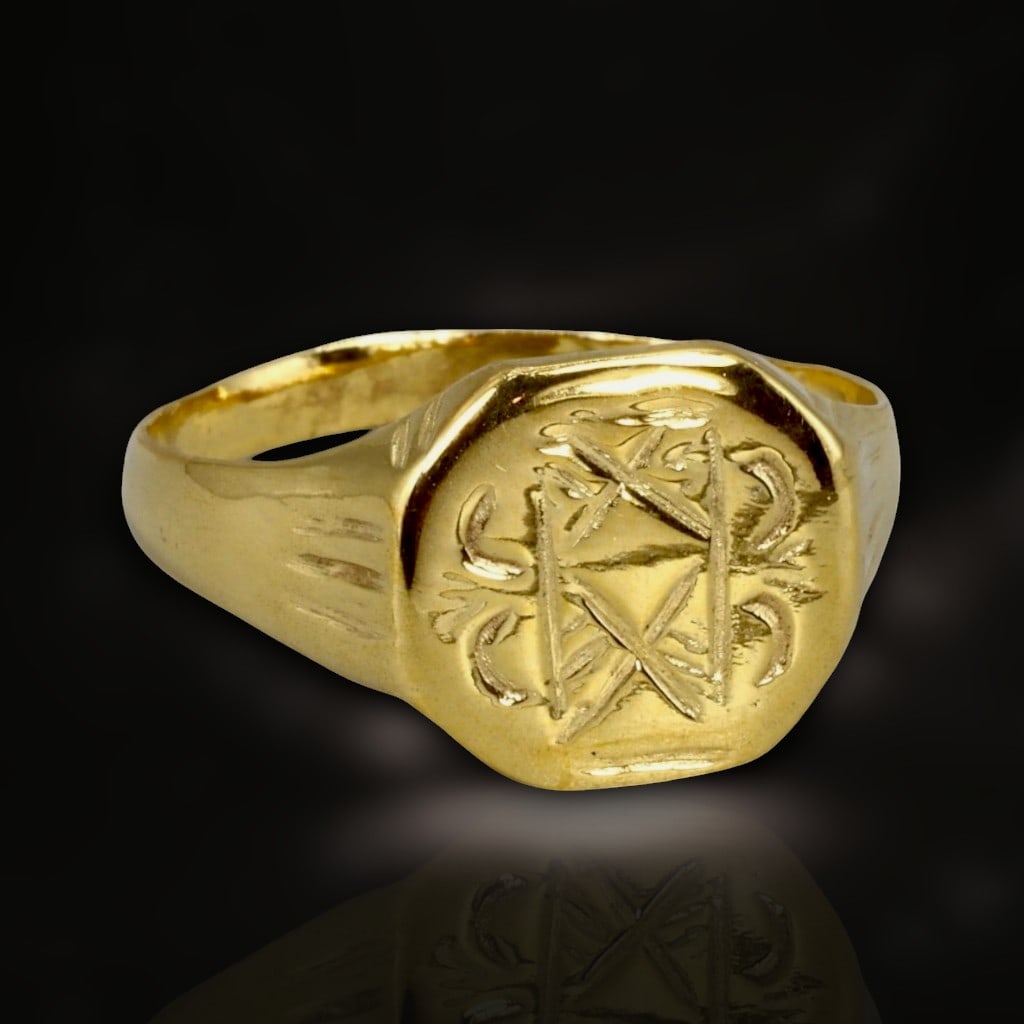Ancient Byzantine Geometric Cross and Crescent Symbolic Bronze Ring with Gold Overlay, c. 6th-8th (1 of 3)