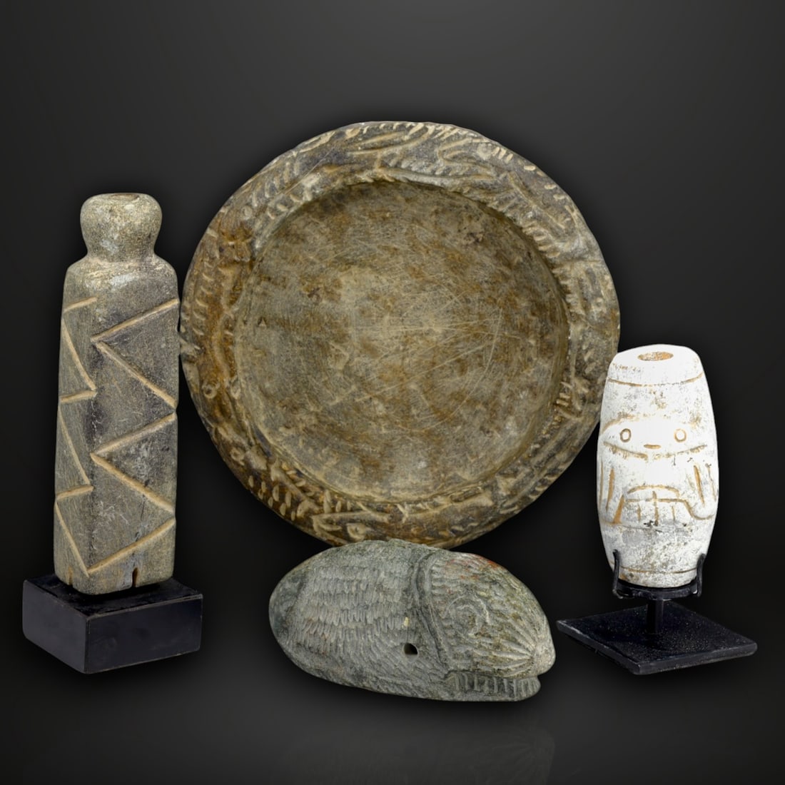 Ancient Near Eastern Steatite Kohl Containers, Ritual Bowl, and Animal Weight, c. 2nd Millennium BCE (1 of 1)
