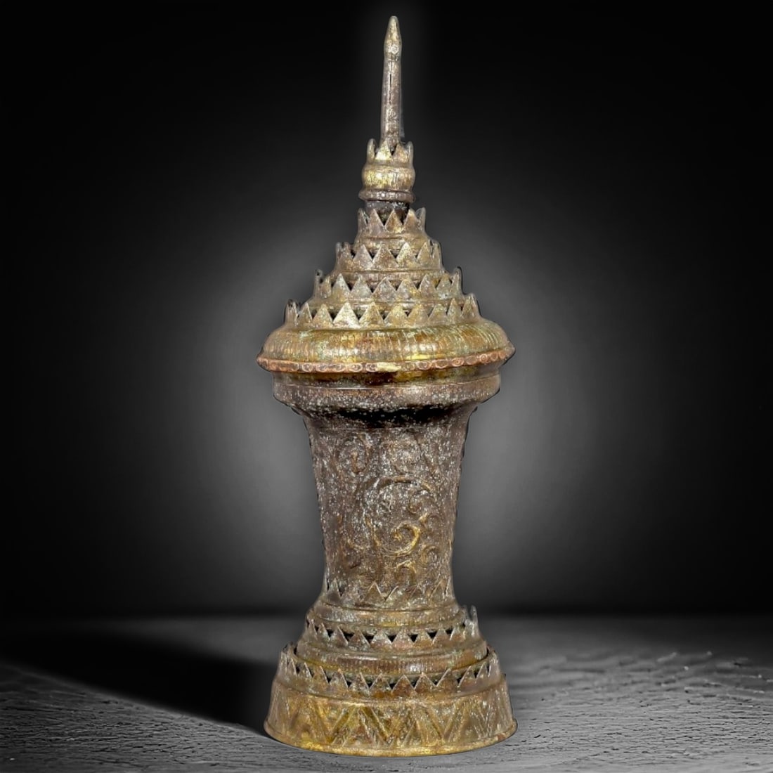 Southeast Asian Bronze and Gilt Offering Vessel (Hsun-ok), c. 18th-19th Century: This exquisite bronze and gilt offering vessel, known as a hsun-ok, originates from Southeast Asia, most likely Burma (modern-day Myanmar), dating to the 18th-19th century. The hsun-ok is a traditiona