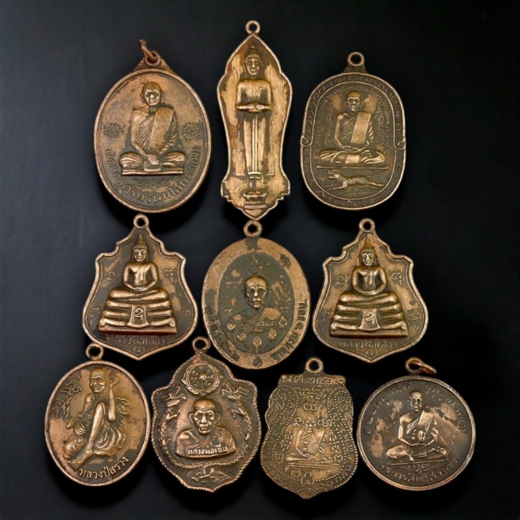 Antique Thai Buddhist Monk and Deity Amulet Collection, Symbol of Protection and Spiritual Guidance, (1 of 2)