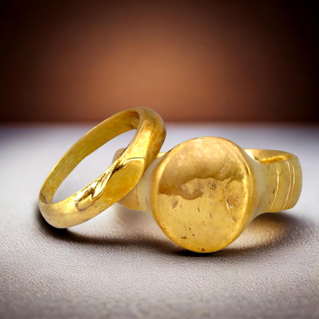 Ancient Roman Bronze Signet Rings Couple Set with 24K Gold Gilding, c. 2nd-4th Century CE (1 of 3)