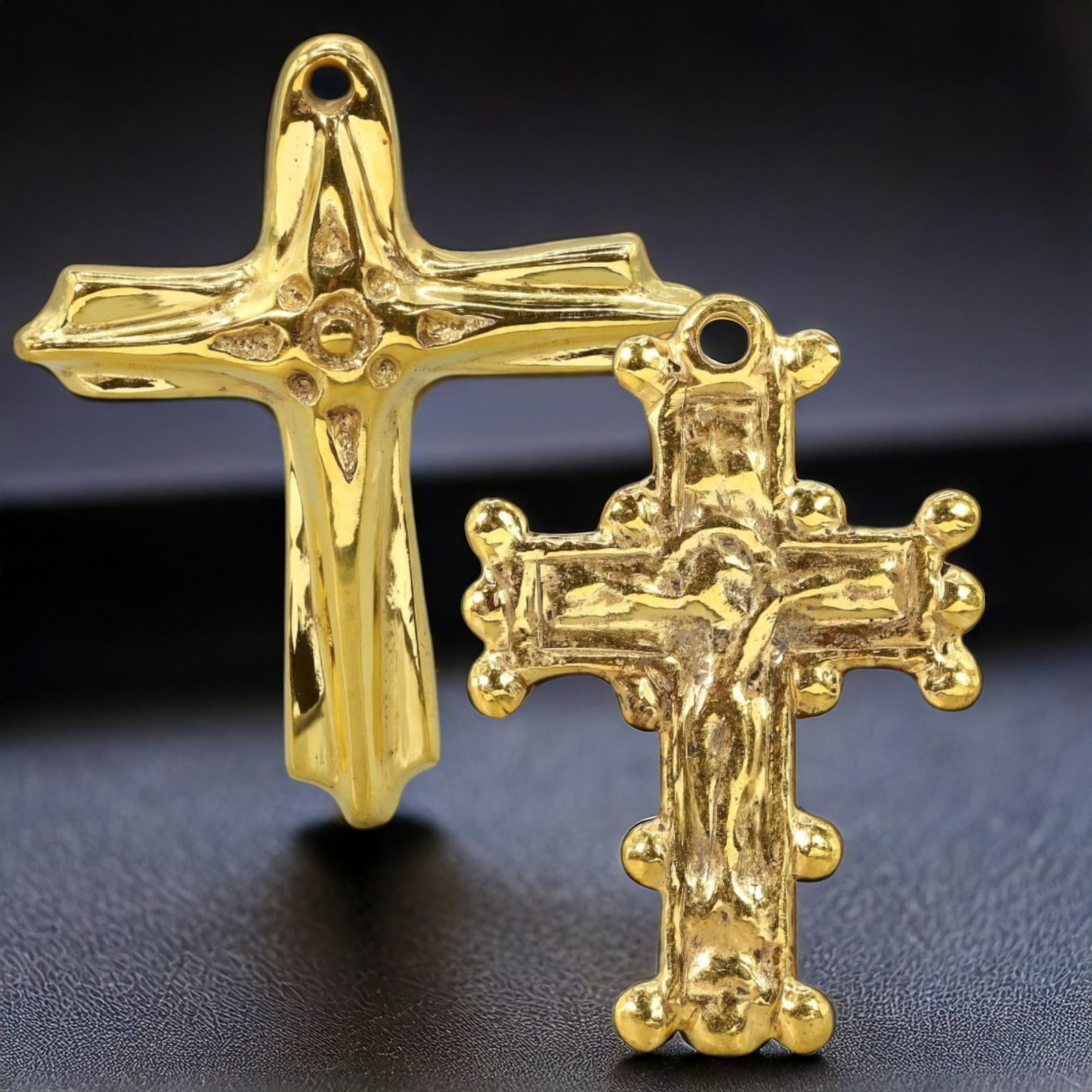 Ancient Medieval Christian Bronze Cross Pendants with 24K Gold Gilding, c. 10th-12th Century CE: These (2) exquisite bronze cross pendants, gilded in radiant 24K gold, date back to the medieval period, approximately the 10th-12th century CE. Originating from a time when Christianity flourished ac