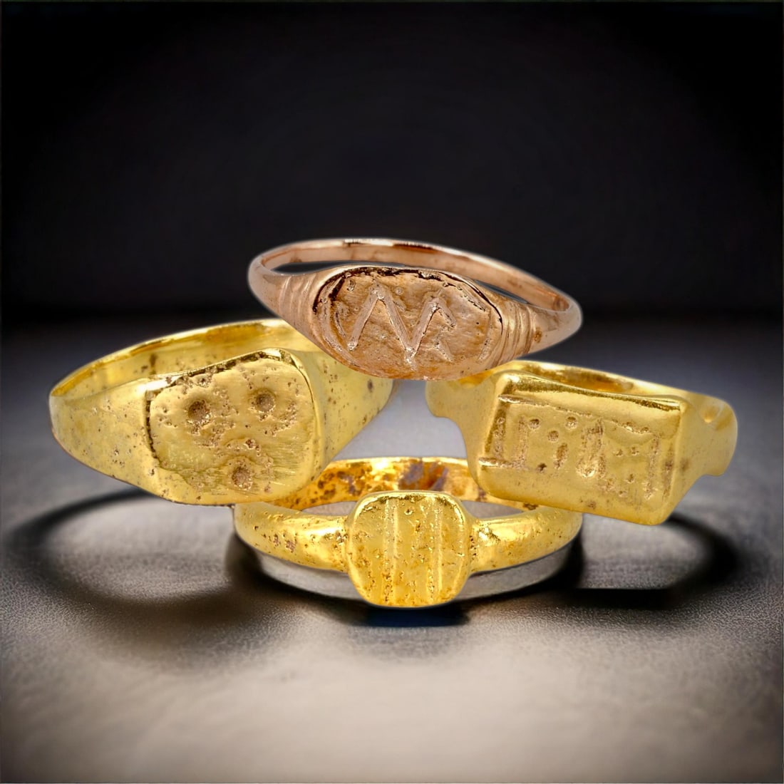 Byzantine and Medieval Bronze Signet Ring Collection with 24K Gold Gilding, c. 6th-14th Century CE (1 of 5)