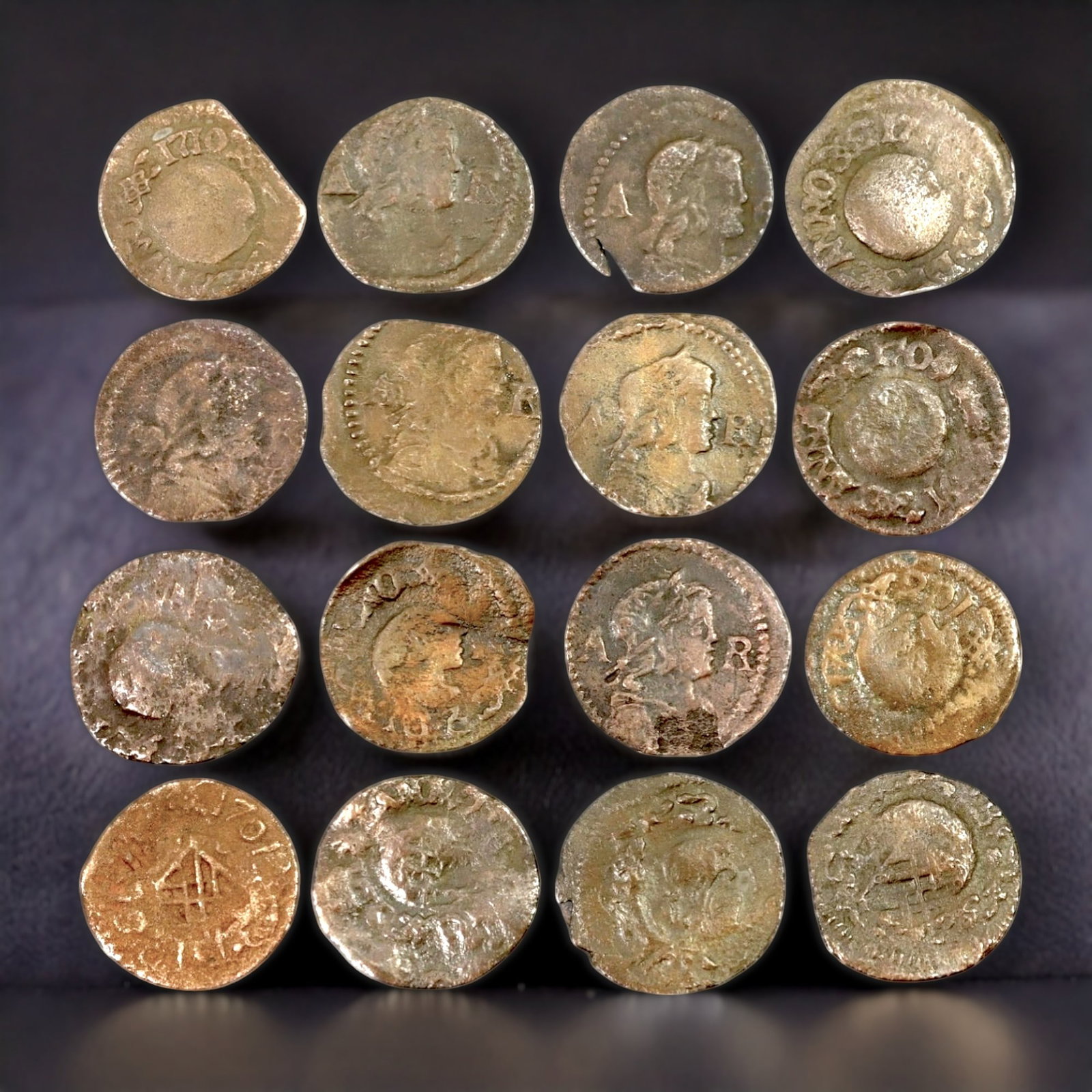 Ancient Spanish Ardite Coin Collection of Catalonia, Louis XIV and Charles III, 17th-18th Century CE (1 of 2)
