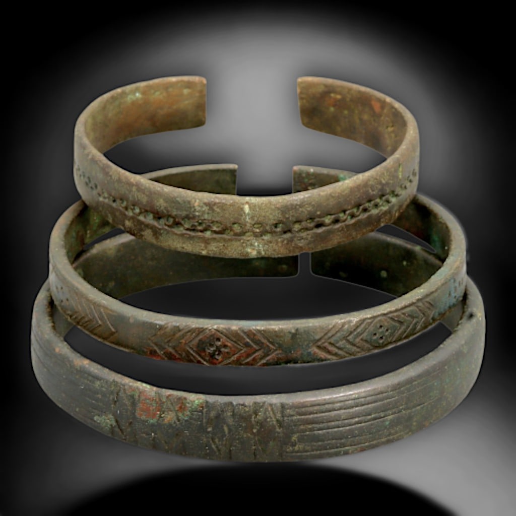 Ancient Celtic Geometric Bronze Cuff Bracelets Trio, c. 1st Century BCE - 1st Century CE (1 of 2)