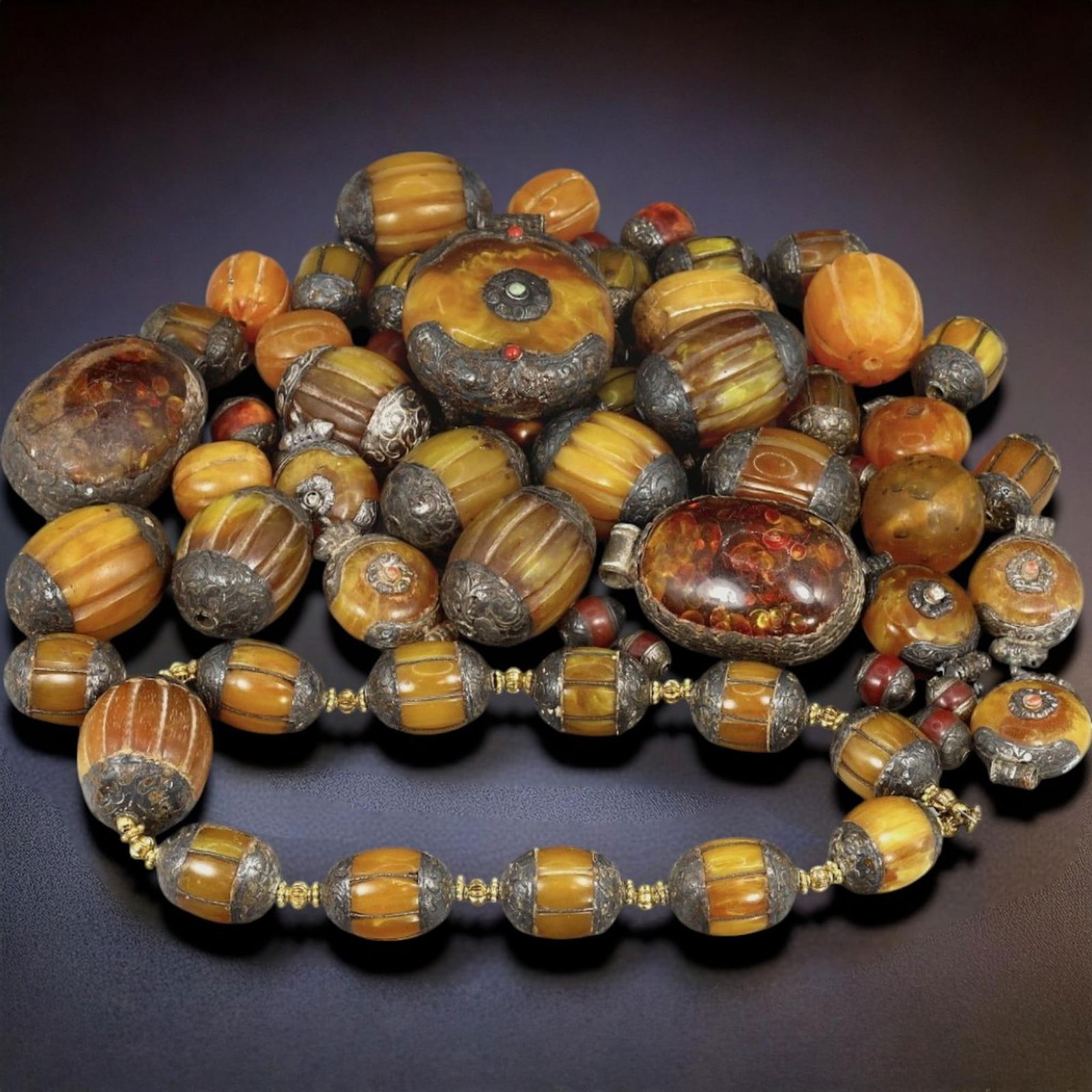 Antique Tribal Amber and Silver Beaded Necklace Collection, c. 19th-20th Century (1 of 1)