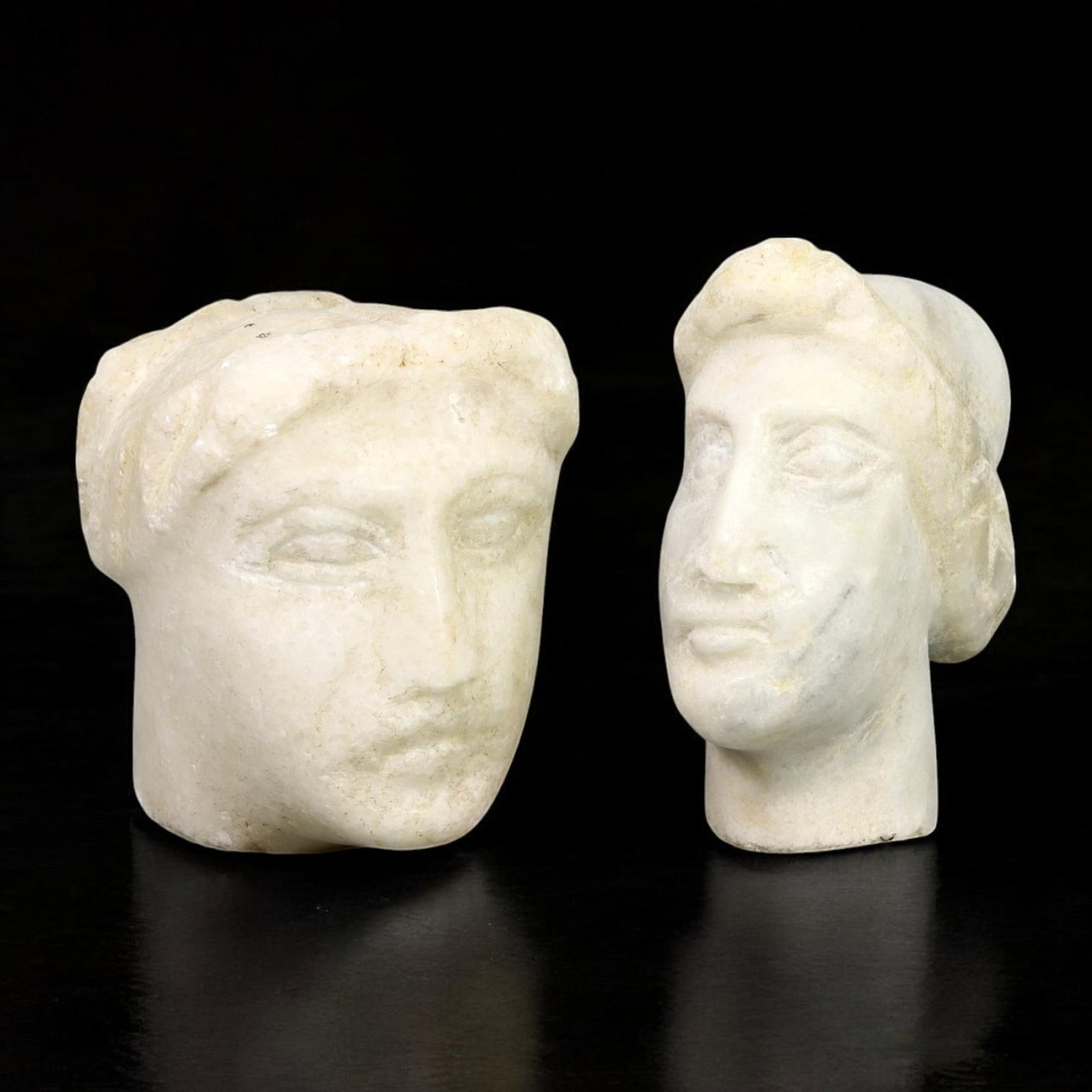 POST-MEDIEVAL: Pair of Stone Carved Heads, Renaissance Style, c. 16th-17th Century (958g, 8-9cm) (1 of 2)