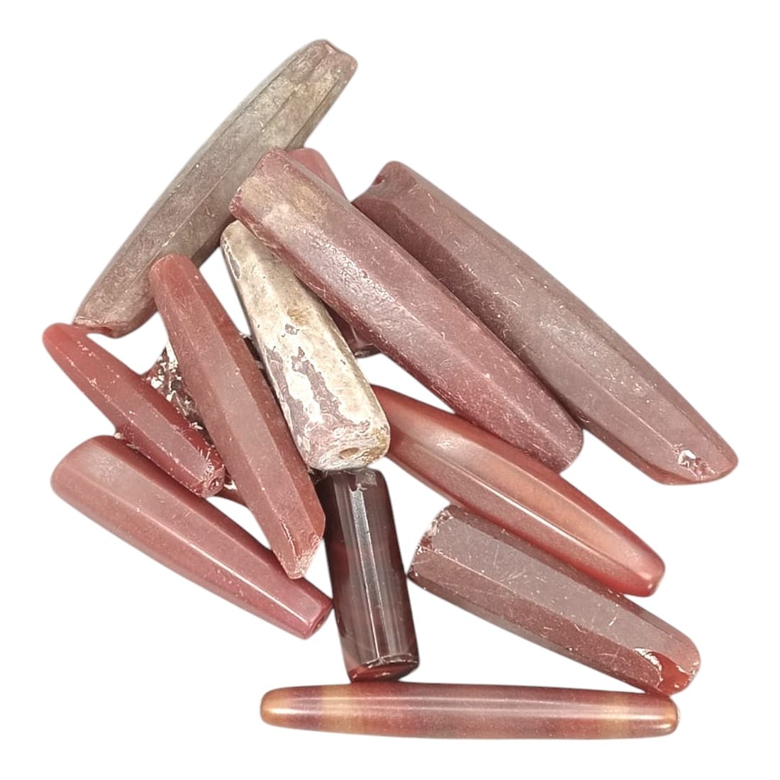 ANTIQUE AFRICAN GLASS BEADS (504g, 4-11cm): This is a remarkable collection of antique African glass beads, weighing 504g and ranging in size from 4 to 11cm. The beads are elongated and exhibit warm hues of red and earthy tones, with natural pa