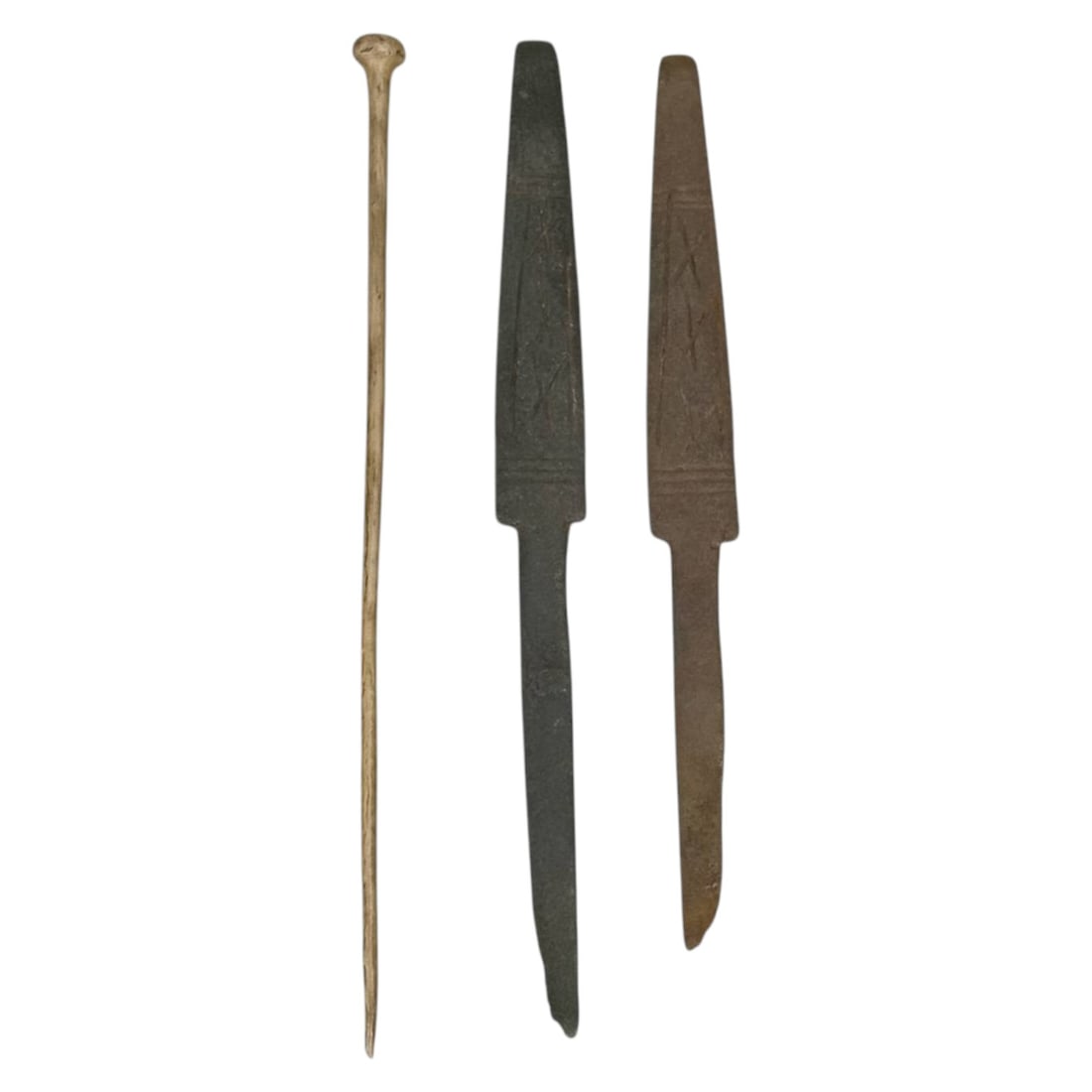 MEDIEVAL GERMANIC: Set of Medical Tools and Pin, 12th-14th Century AD (23g, 12-13cm, 3pcs): This lot includes three medieval Germanic artifacts, consisting of two intricately crafted medical tools and a pin, collectively weighing 23g and measuring 12-13cm in length. The medical tools, possib