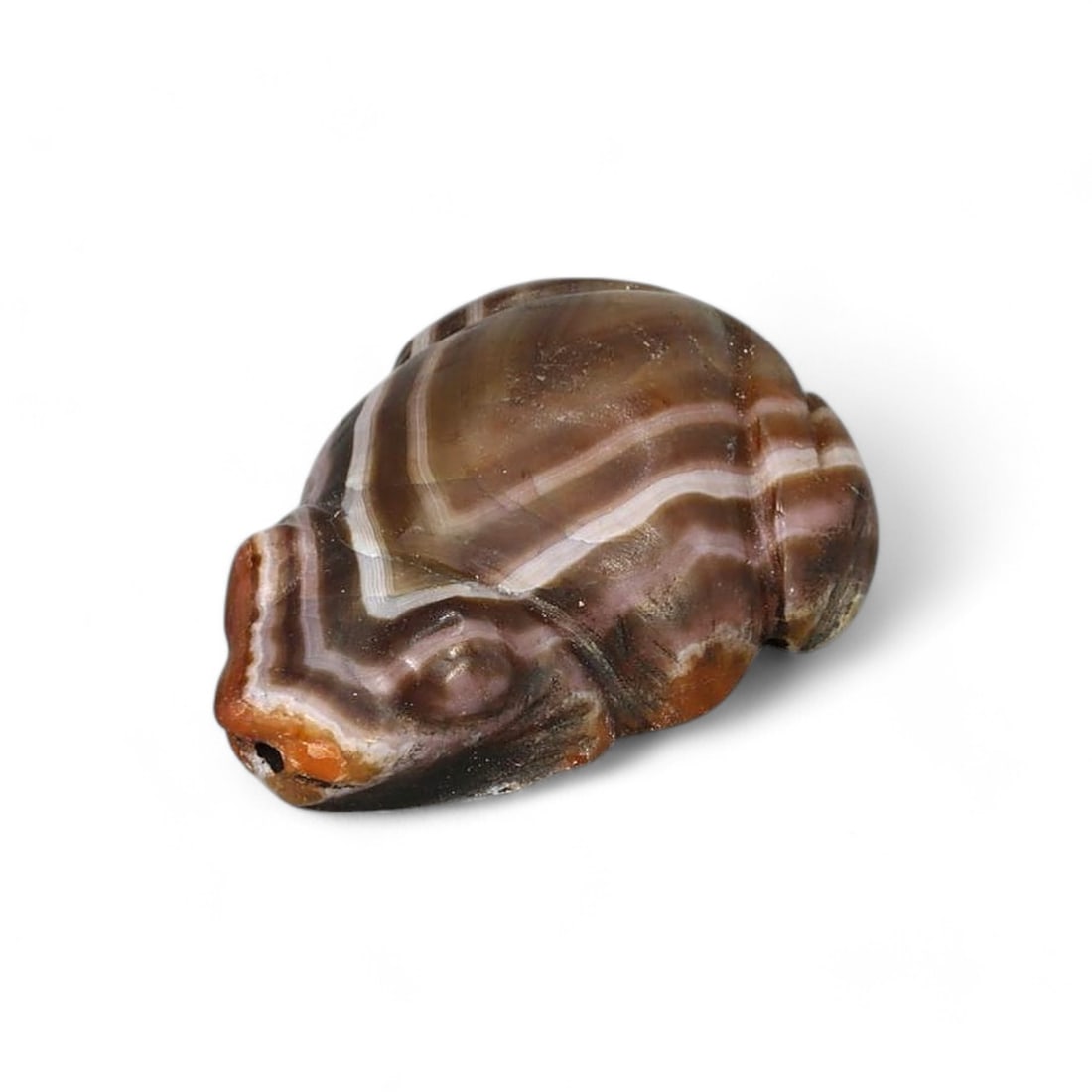 EGYPTIAN COPTIC PERIOD: Agate Frog Amulet, 1st-7th Century AD (11g, 3.5cm): This is a finely crafted frog amulet from the Coptic period of Egypt, carved from banded agate, weighing 11g and measuring 3.5 cm. The delicate details of the frog's form highlight the artistry and sp