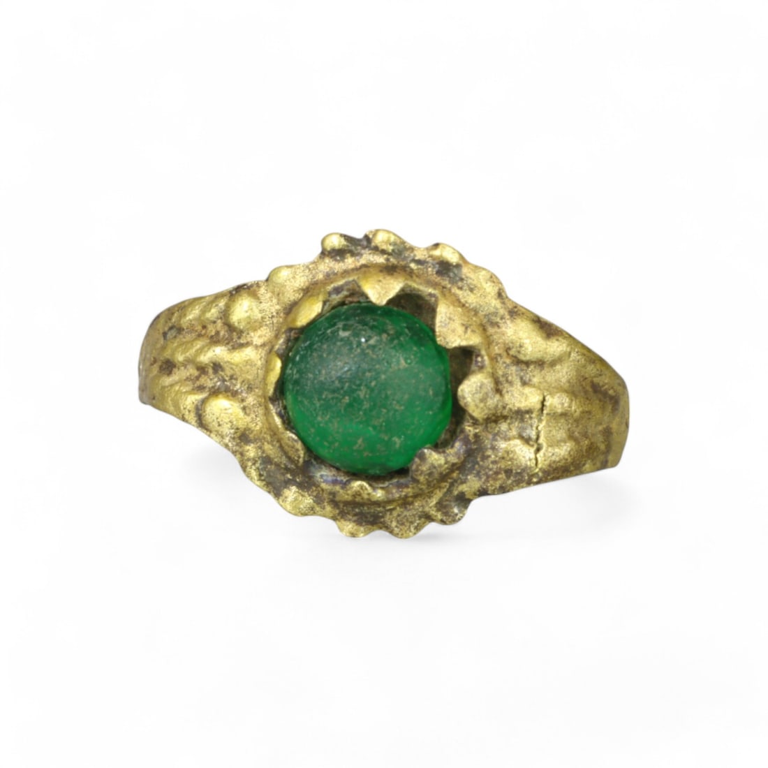 MEDIEVAL PERIOD: Gold Gilded Bronze Ring with Green Glass Stone, 12th-14th Century CE (1 of 2)