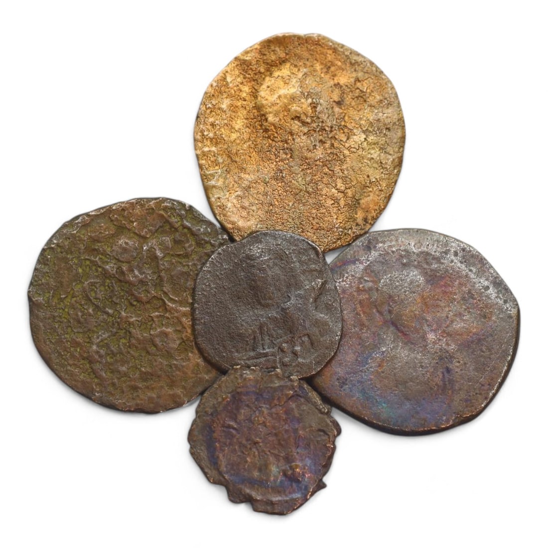 BYZANTINE EMPIRE: Lot of 5 Bronze and Copper Coinage, Circa 6th-11th Century CE (35g, 21-31mm): This collection of Byzantine coins, showcases the rich variety of bronze and copper coinage from the Byzantine Empire. Featuring imperial busts, Christian iconography, and legible inscriptions, these 
