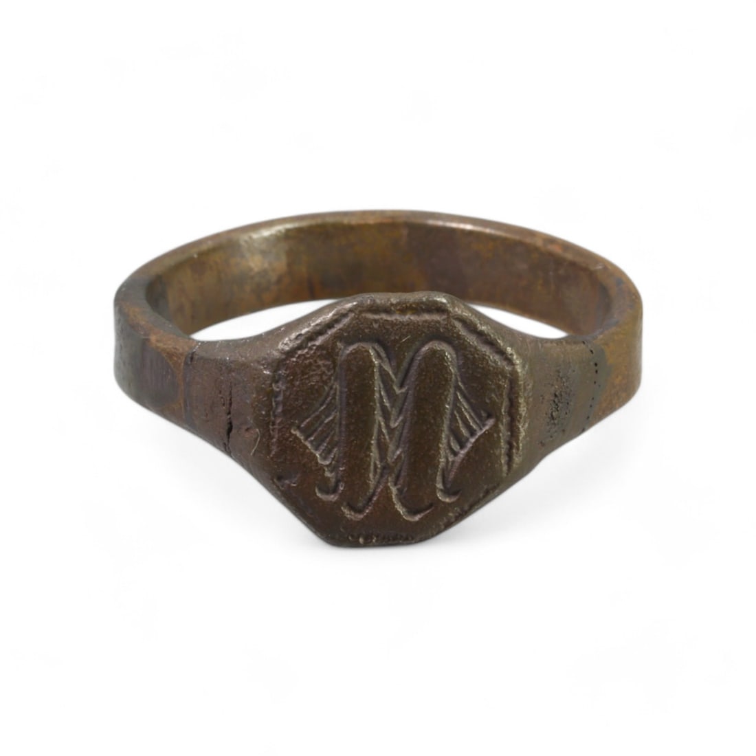 MEDIEVAL ERA: Bronze Signet Ring with Engraved "M" Monogram, 13th-15th Century CE (11 US, 7g) (1 of 2)