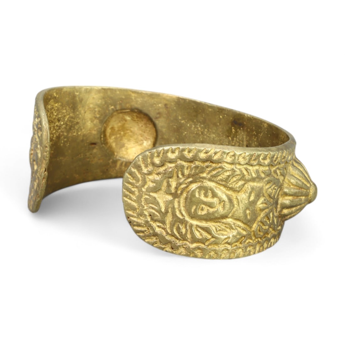 GOLD GILT: Ornate Late Medieval Cuff Bracelet, 14th-16th Century CE (6x2 cm, 50g): This Late Medieval-era cuff bracelet, crafted in a sturdy yet elegant design, features intricate gold-gilt ornamentation that highlights its regal and symbolic nature. The bracelet's surface displays 