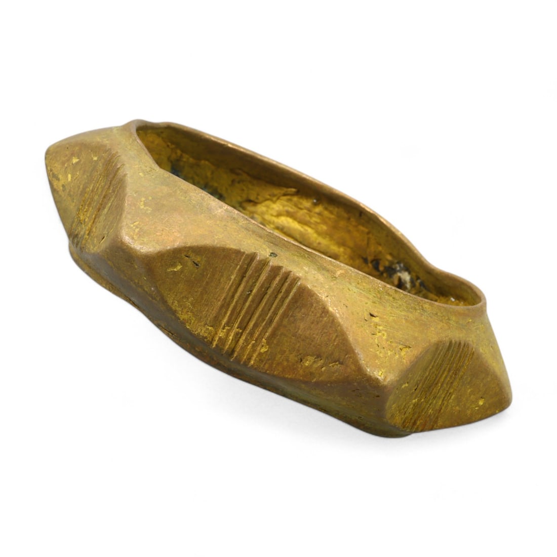 BRONZE BANGLE: Geometric Decorated Bracelet, Early to Mid-19th Century CE (9x2.5 cm, 93g): This beautifully crafted bronze bangle features an angular design with symmetrical geometric patterns carved into its outer surface. The clean and balanced engravings highlight the artisan's attention