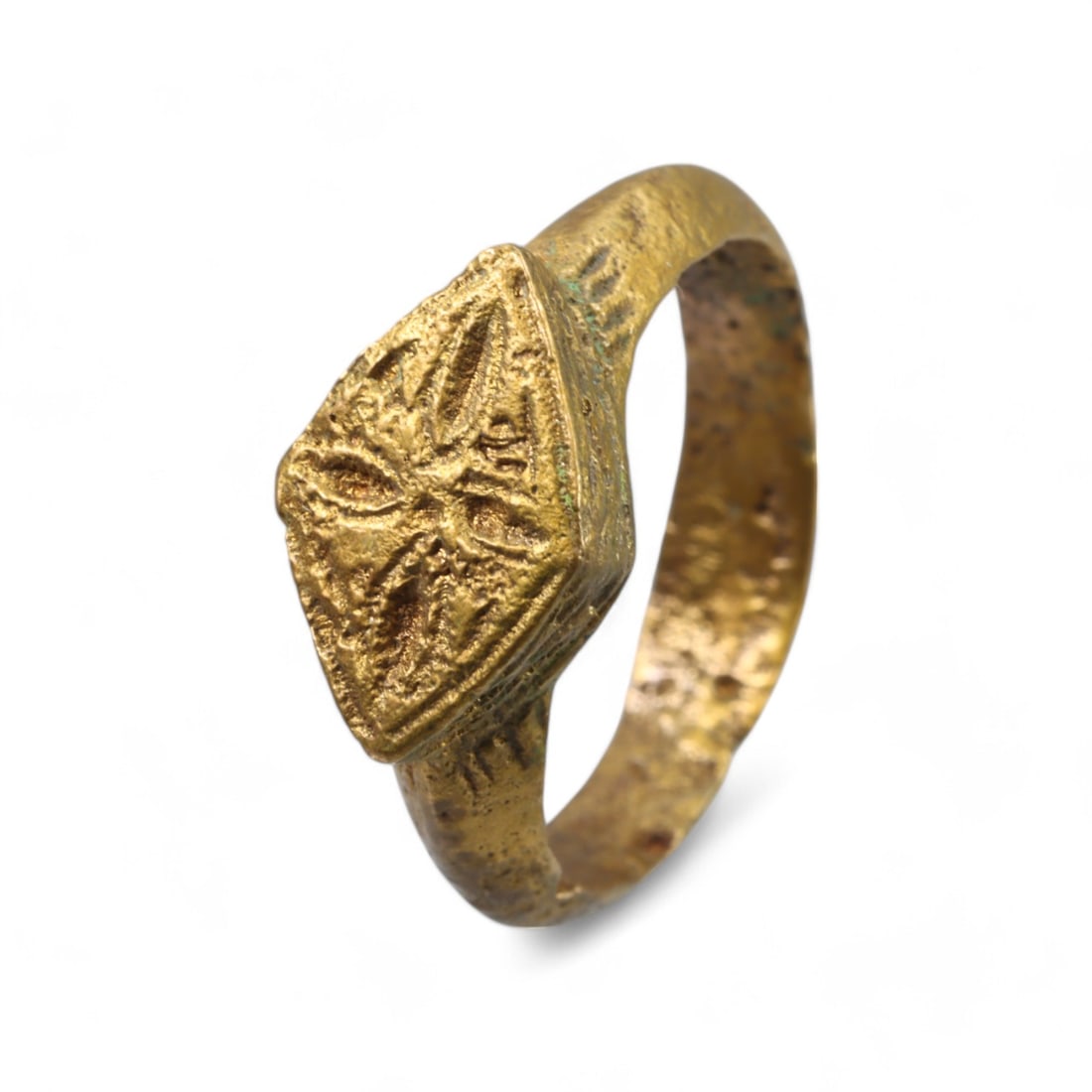 MEDIEVAL ERA: Gold-Gilt Bronze Signet Ring with Shield-Shaped Bezel, 14th-16th Century CE (5g, 7 US) (1 of 3)