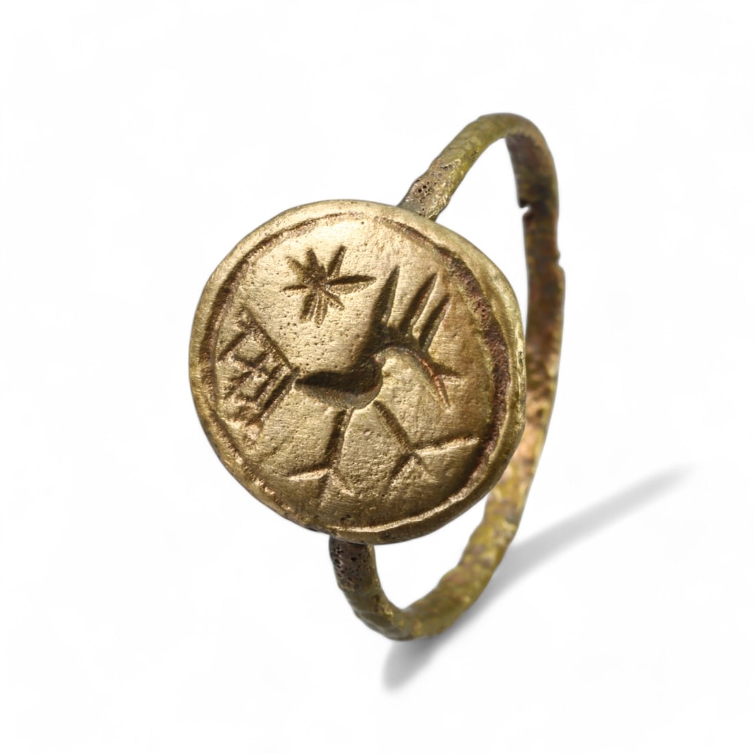 BYZANTINE ERA: Gold-Gilt Bronze Signet Ring with Astral , 6th-9th Century CE (10.5 US, 3g) (1 of 3)