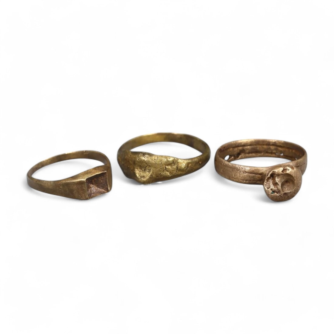Set of Three Ancient Bronze Rings with Distinct Bezel Designs, 10th-7th Century BCE (8g, 7-9 US) (1 of 2)