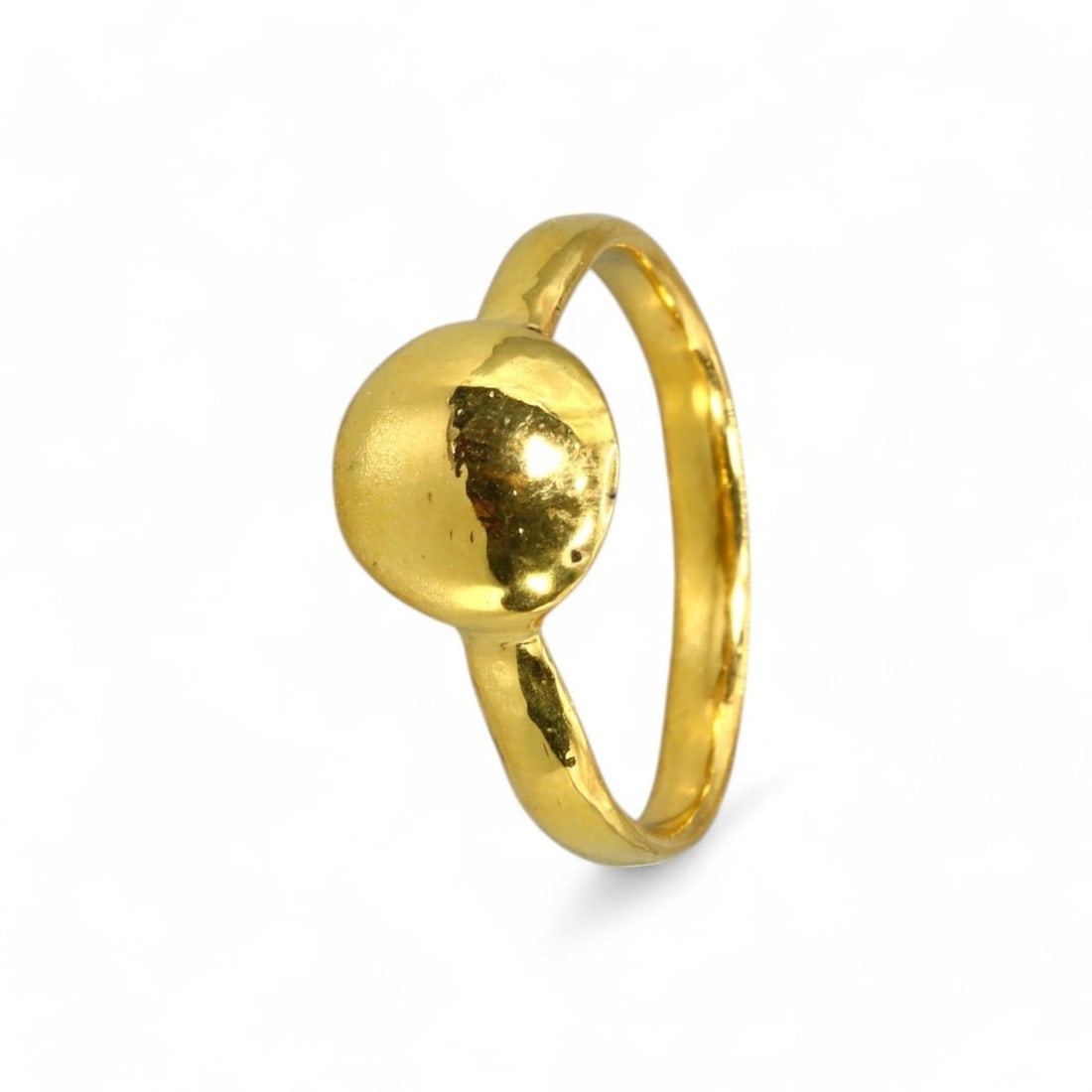 BYZANTINE ERA: Bronze Ring with 24K Gold Gilt, 6th-9th Century CE (4g, Size 8): This Byzantine bronze ring, highlighted by its 24K gold gilt and a striking domed centerpiece, exemplifies the opulence and refined artistry of the empire's jewelry. The bold and simplistic design of 