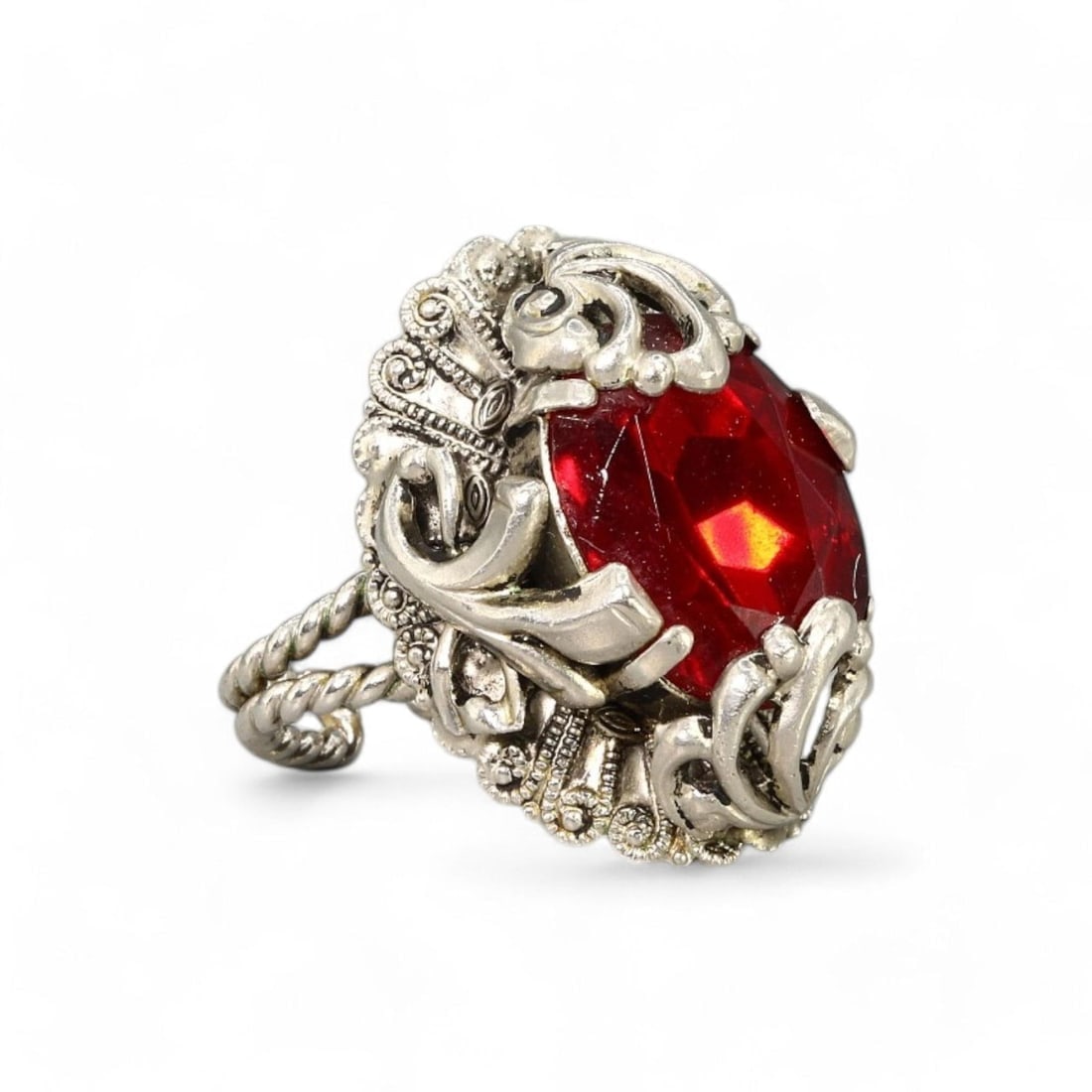 MID-CENTURY MODERN: Silver Ornate Ring with Faceted Red Gemstone, c. 1950s (8.3g, Size 5) (1 of 4)