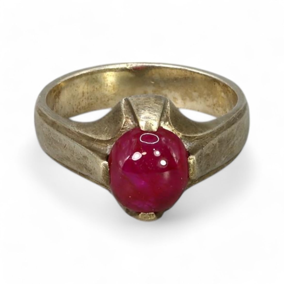 Silver Ring with Ruby Cabochon, 19th-20th Century (7g, Size US 9.5) (1 of 3)