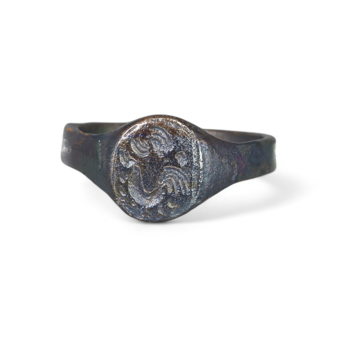 MEDIEVAL: Bronze Ring with Engraved Rooster Motif, 13th-15th Century CE (5.5g, US Size 10.5) (1 of 2)