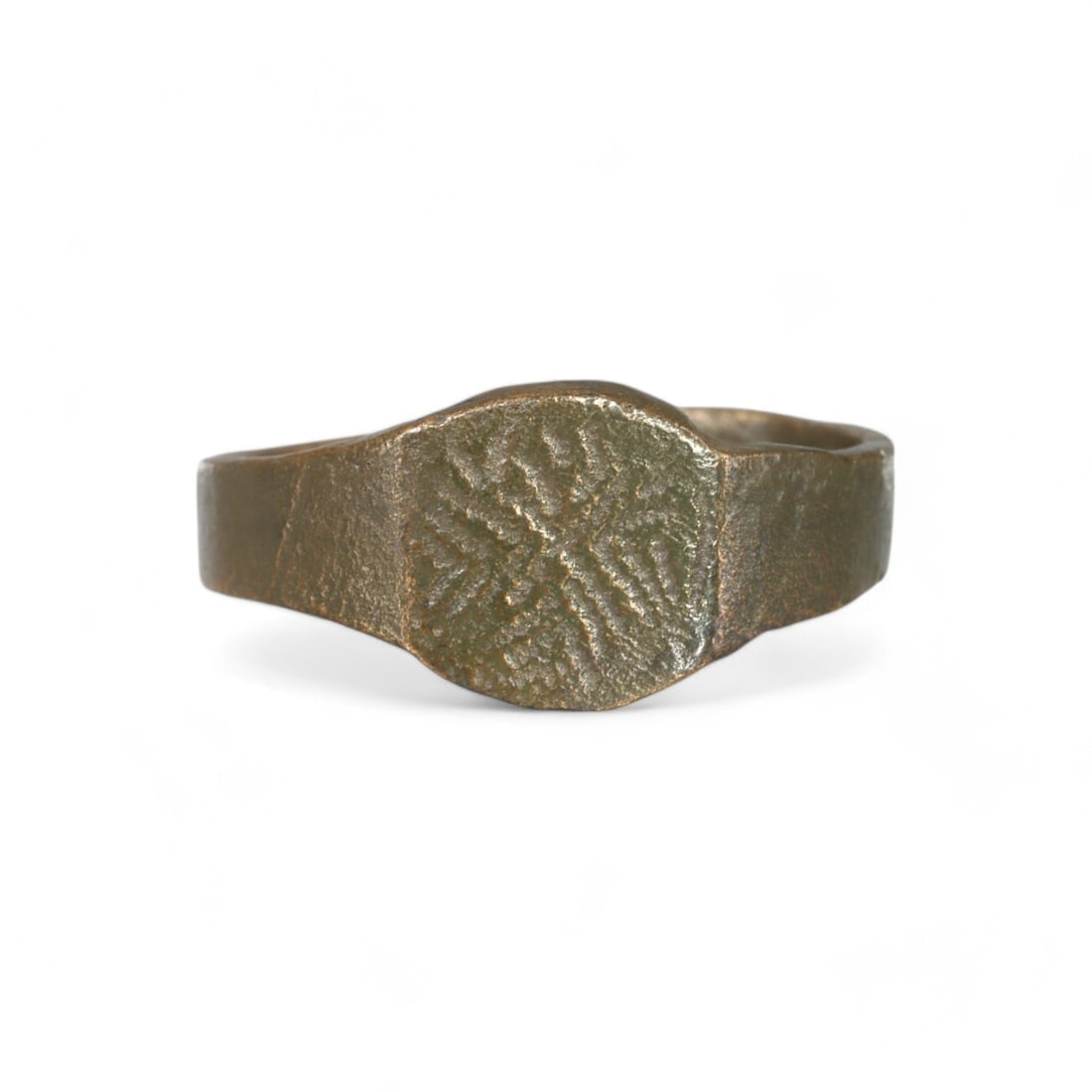 MEDIEVAL: Bronze Ring with Crosshatched Bezel, 13th-15th Century CE (4g, US Size 9.75) (1 of 2)