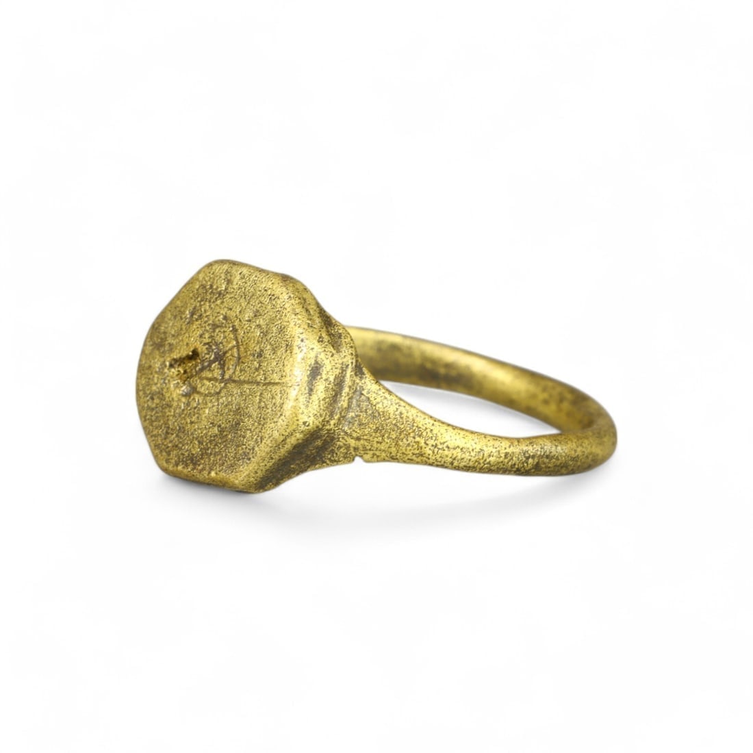 MEDIEVAL ERA: Gold-Gilt "Hexagonal Signet" Ring, 13th-15th Century CE (Size 10 US, 4g): This medieval gold-gilt signet ring features a hexagonal bezel, likely used for sealing documents or marking personal property. Its simple yet elegant design reflects the status and practicality of su