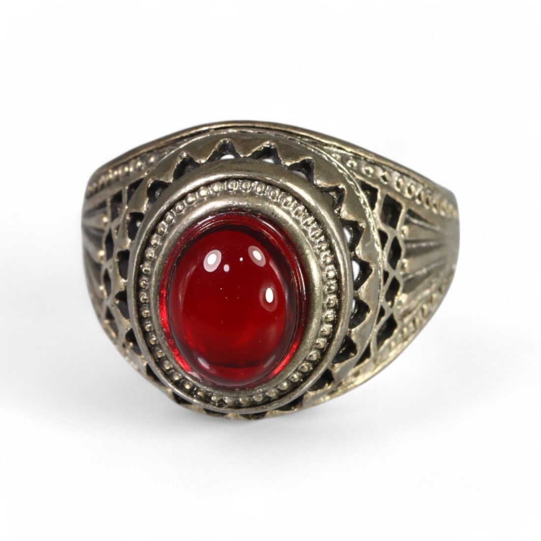 MIDDLE EASTERN: Silver "Crimson Starburst" Ring with Red Glass, 20th Century (7g, Size 10 US) (1 of 3)
