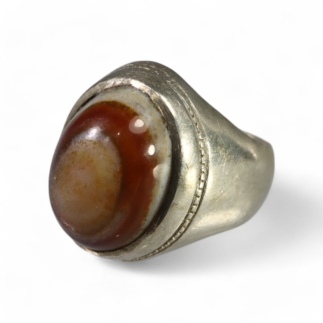 TIBETAN: Silver "Luk Mik Goat Eye Dzi" Ring, 20th Century (14g, Size 6.5 US) (1 of 2)