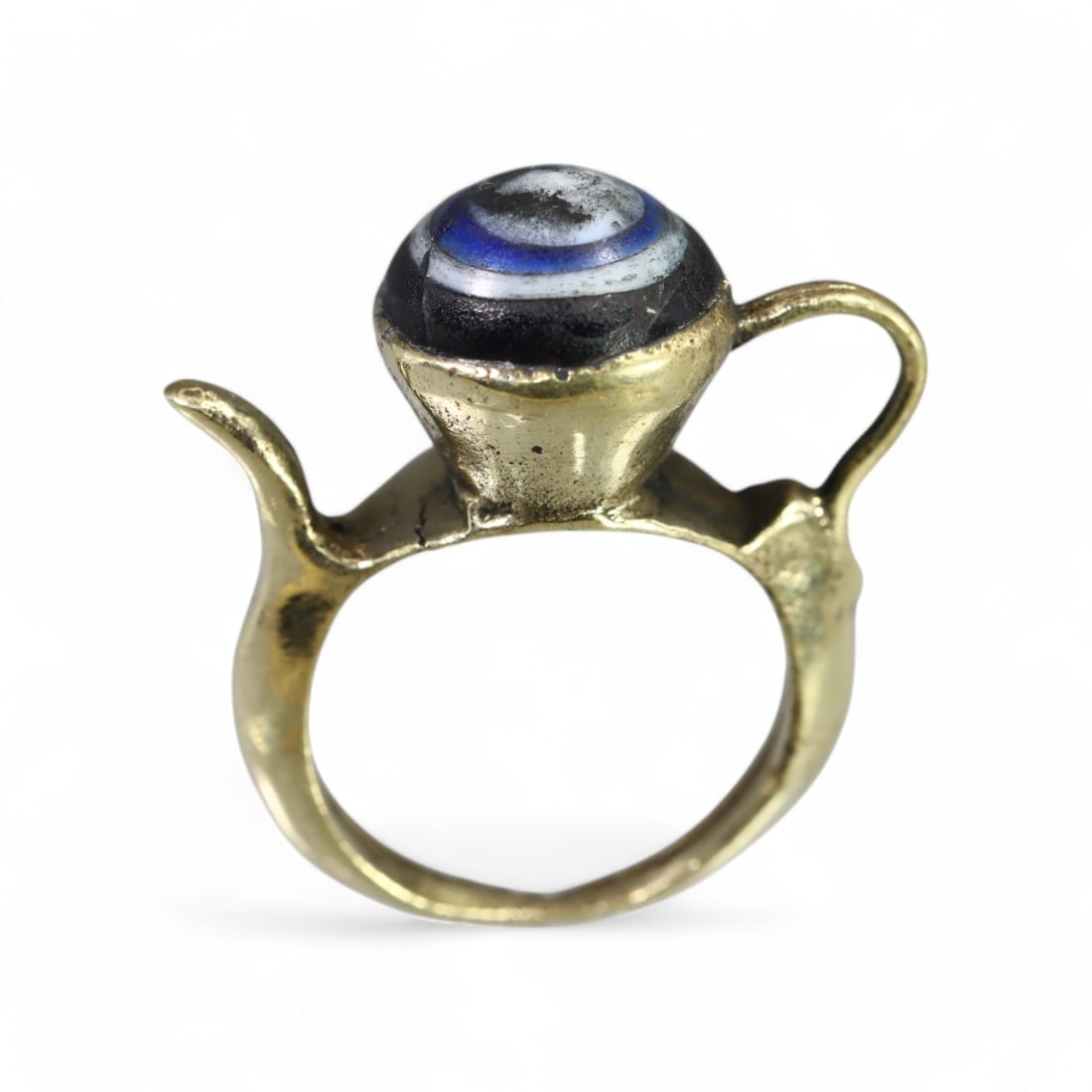 AFRICAN: Brass "Eye of the Vessel" Ring with Glass Bead, Vintage (7g, Size 6.5 US) (1 of 3)